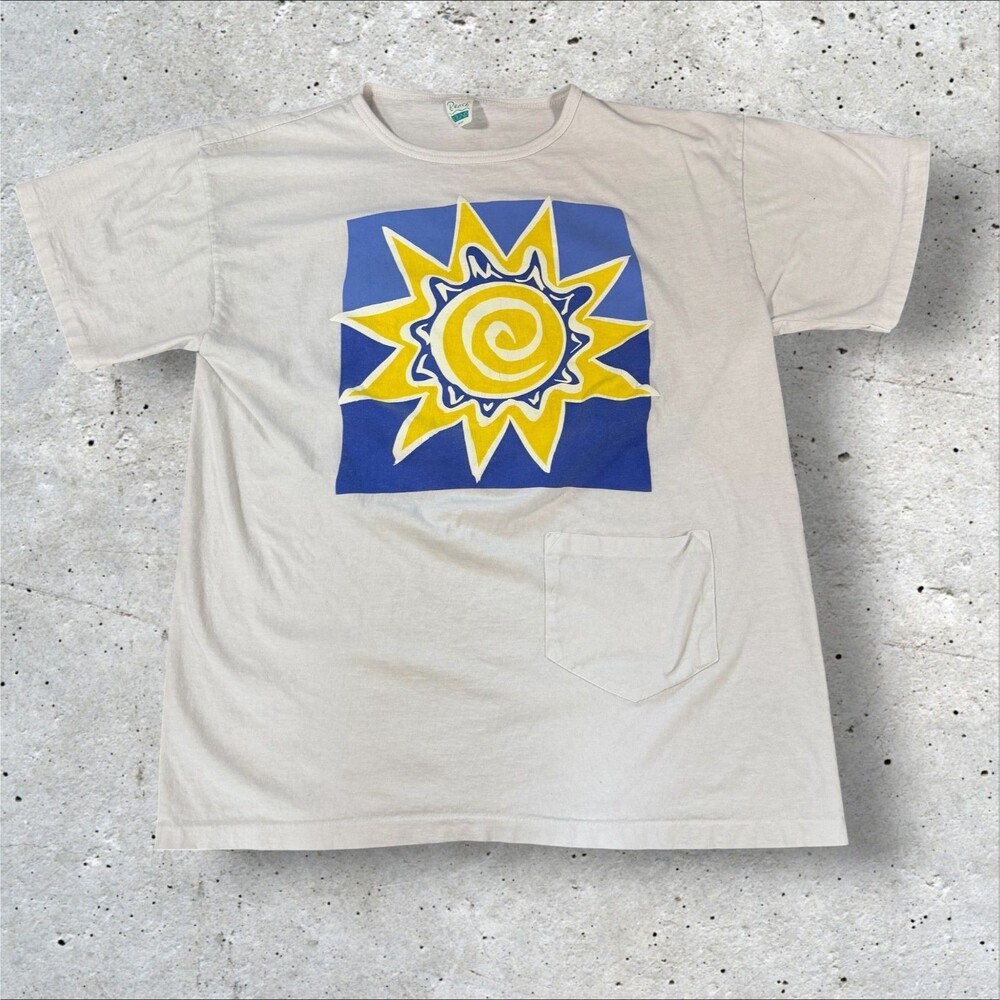 Vintage 90s Beach Bound Sun Graphic Pocket Tee Shirt Made In USA Single Stitch